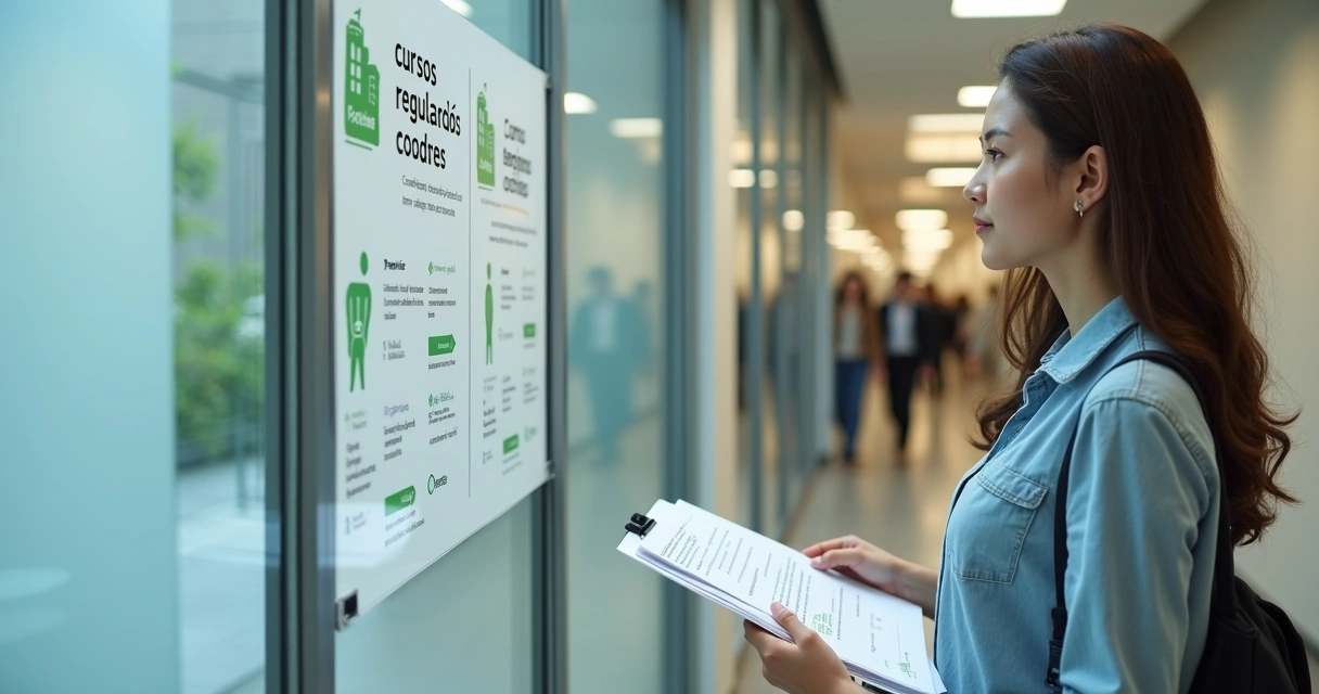 Mulher segurando certificado de curso e olhando para prancheta com símbolo do MEC