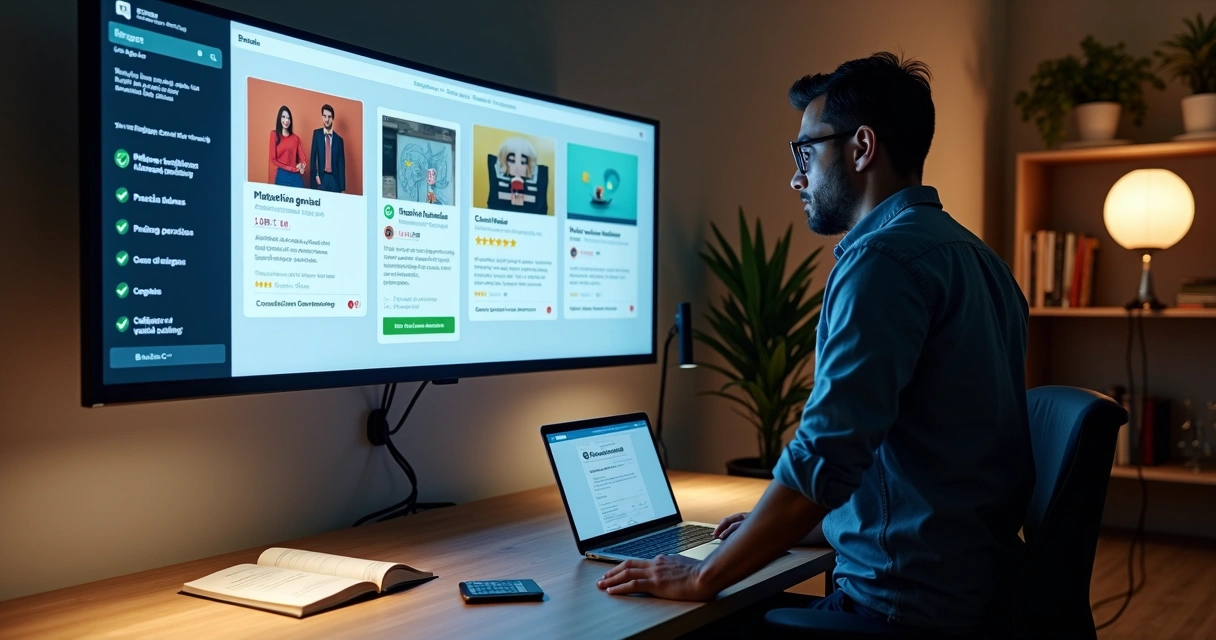 Profissional brasileiro comparando plataformas de cursos online em tela grande com certificados e gráficos