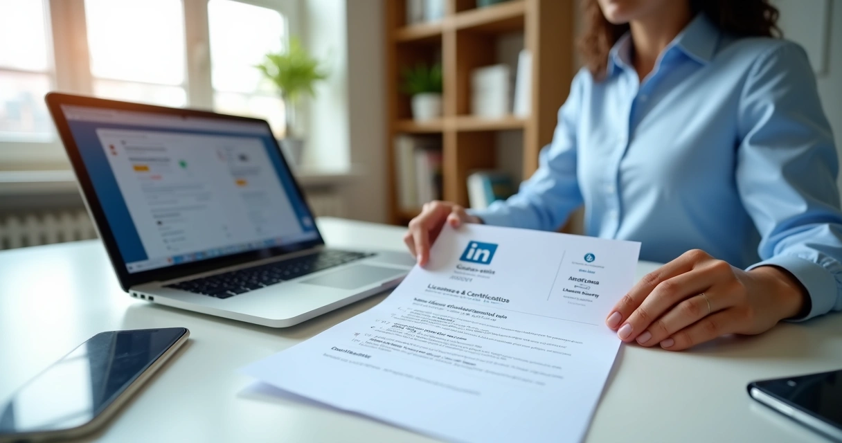 Profissional brasileiro destacando seção de cursos online e certificações em currículo impresso e no laptop