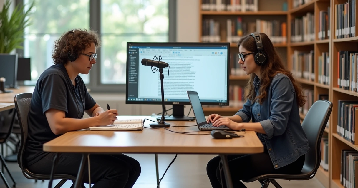 Profissionais atuando como ledor e transcritor ao lado de estudante com deficiência visual em biblioteca acessível