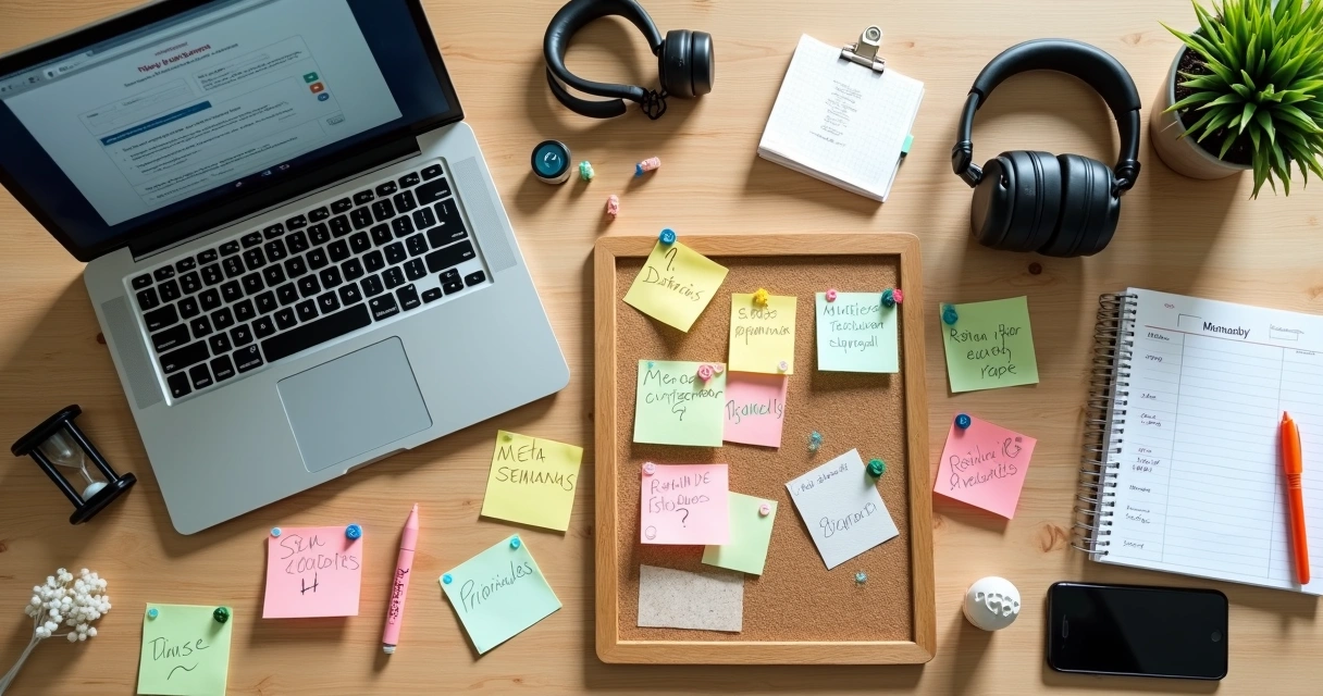 Vista de cima de mesa com laptop, quadro de avisos e itens de organização de estudos online