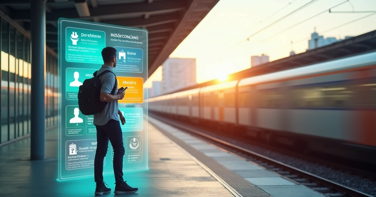 Profissional brasileiro em estação de trem olhando painel digital com cursos e vagas