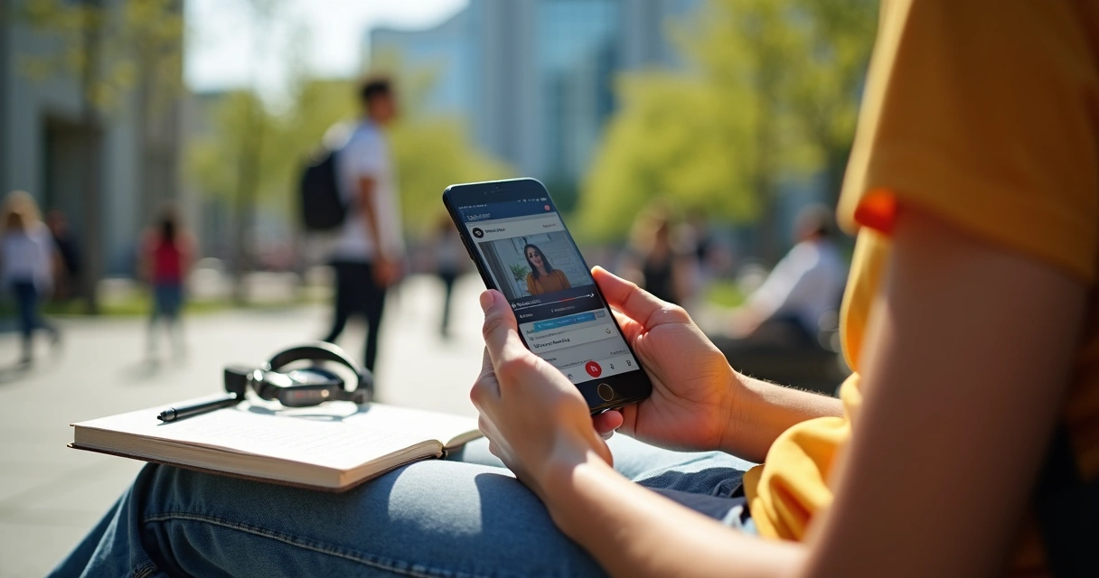 Jovem estudando curso online pelo celular sentado ao ar livre