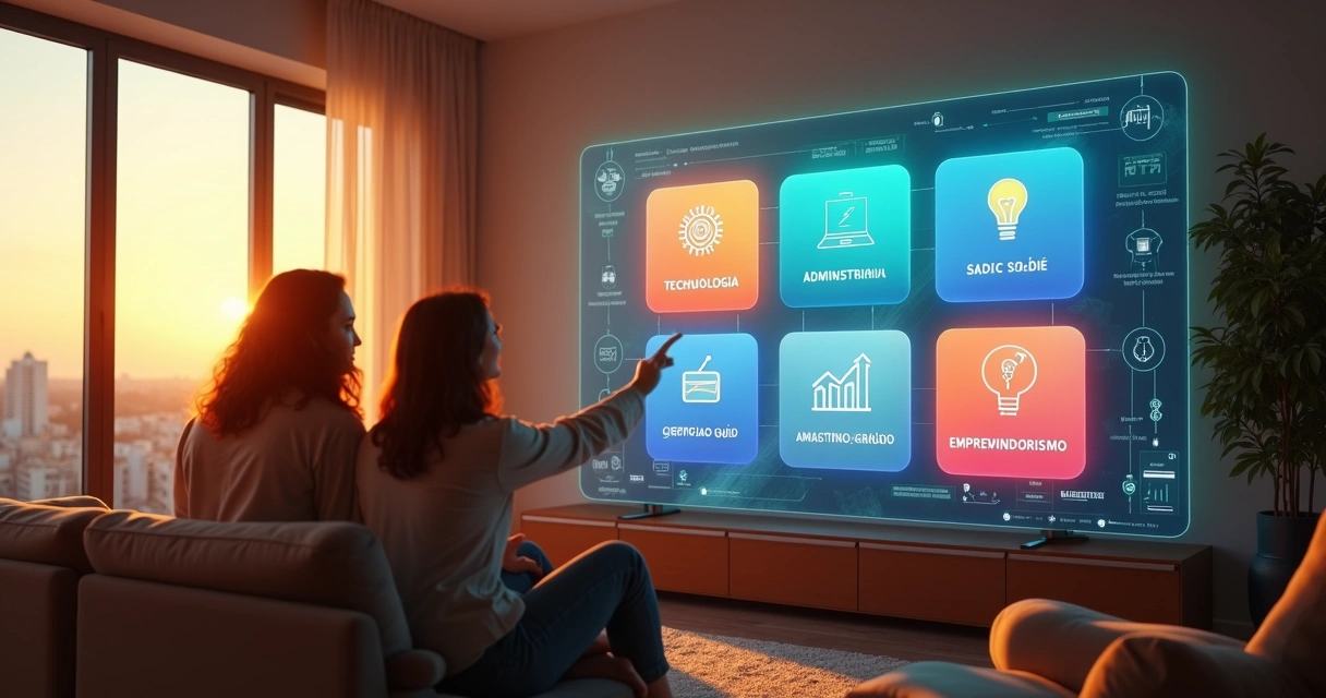 Painel digital com ícones de diferentes áreas dos melhores cursos online da UP Cursos Grátis