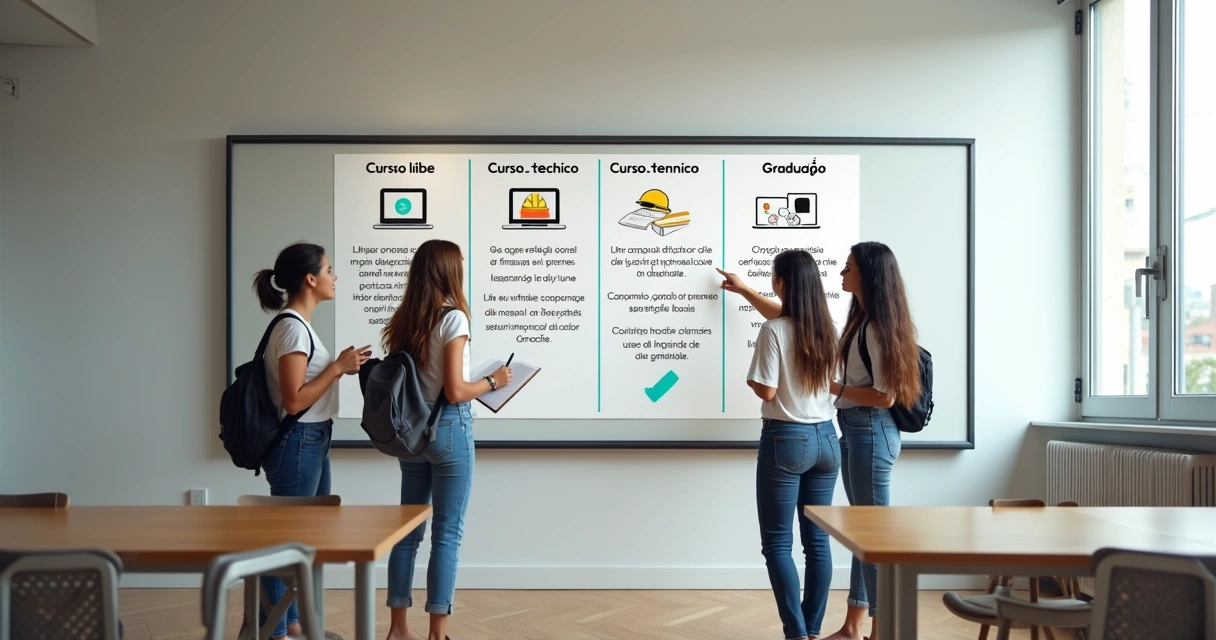 Painel com comparativo visual entre curso livre, curso técnico e graduação