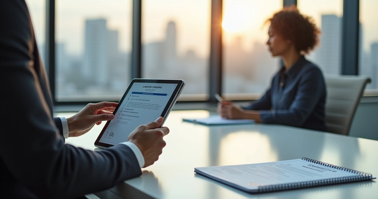 Recrutador em escritório moderno analisando certificado de curso online em tablet