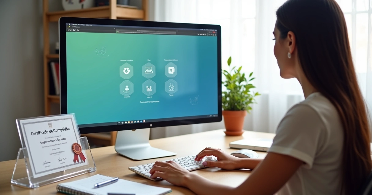 Mulher estudando curso de informática básica em computador com certificado ao lado
