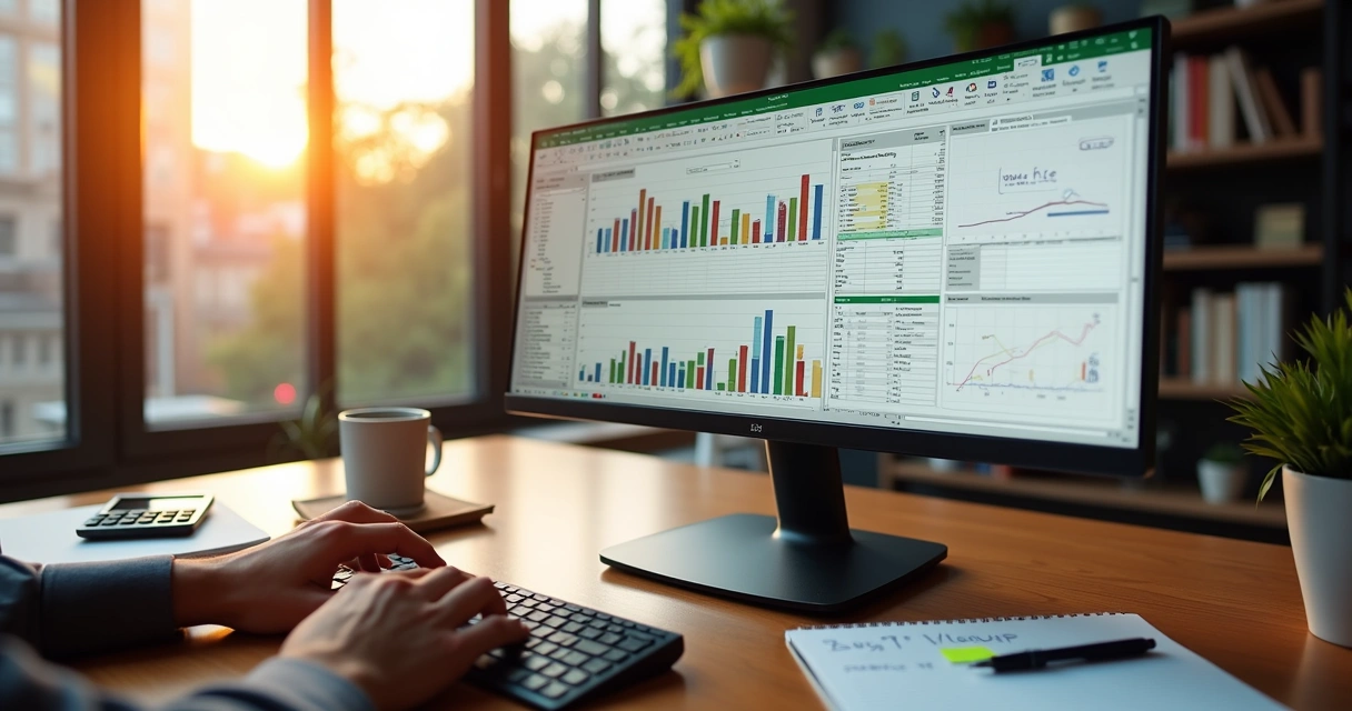Profissional organizando planilha de Excel com gráficos coloridos em monitor widescreen