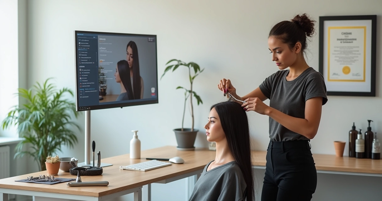 Cabeleireira praticando corte de cabelo feminino com certificado em destaque ao fundo