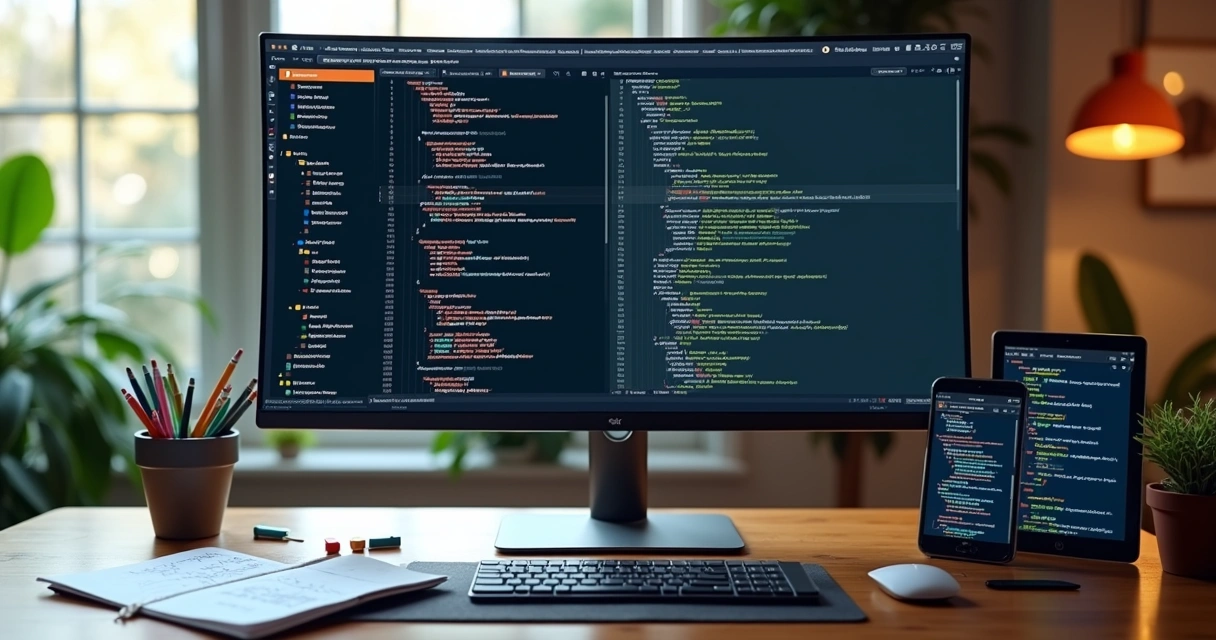Mesa de trabalho com código HTML e CSS e layout de site lado a lado na tela