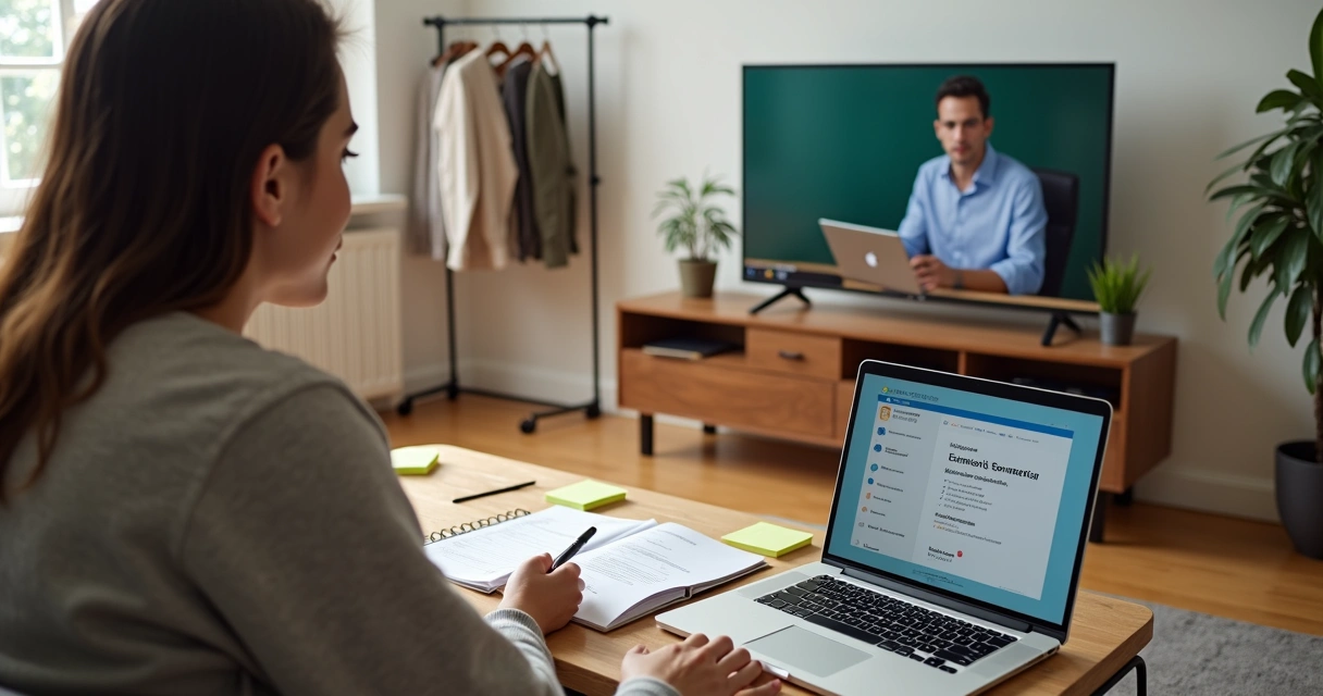 Profissional brasileiro estudando online e treinando para entrevista de emprego