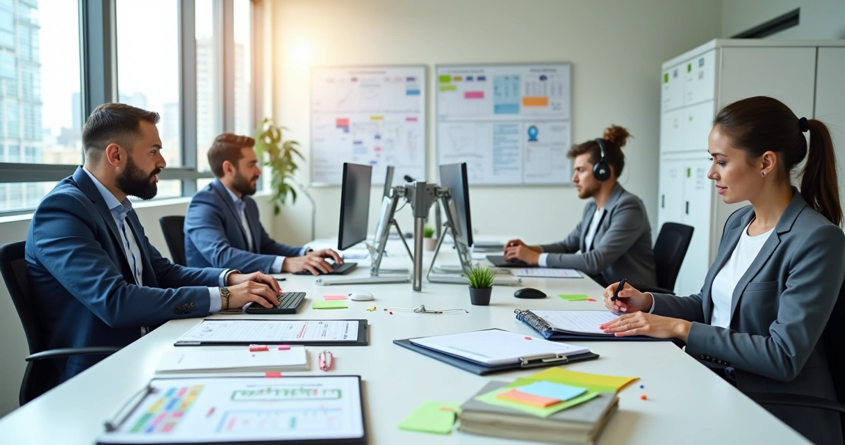 Equipe administrativa em escritório moderno com certificado sobre a mesa