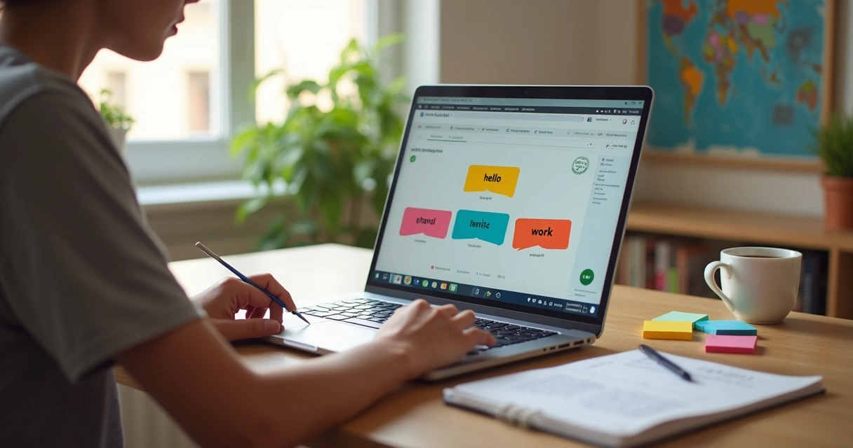 Adulto estudando inglês básico em casa com caderno, notebook e certificado na tela