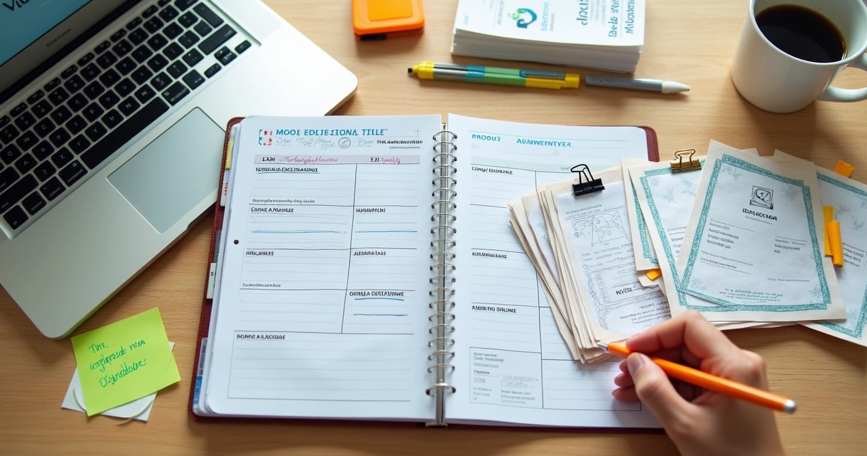 Mesa organizada com planner acadêmico e comprovantes de horas complementares impressos