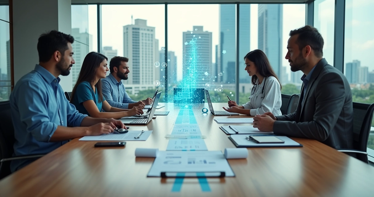 Profissionais de diferentes áreas reunidos em ambiente corporativo moderno