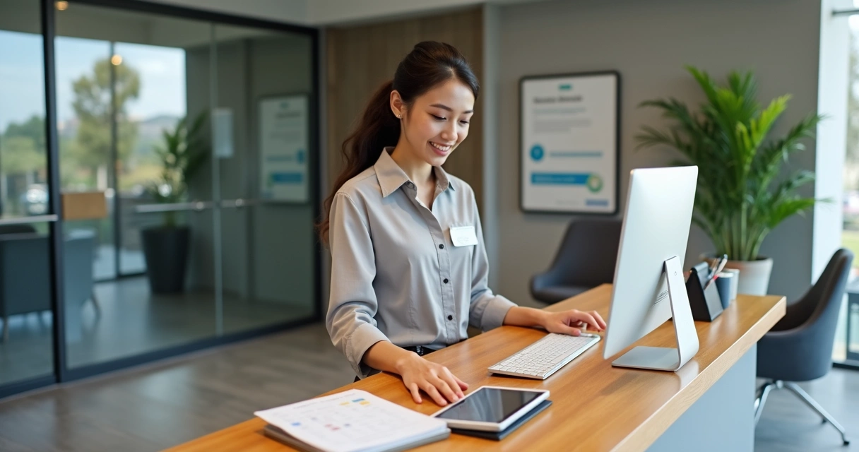 Recepcionista brasileira atendendo em balcão moderno com computador e documentos organizados