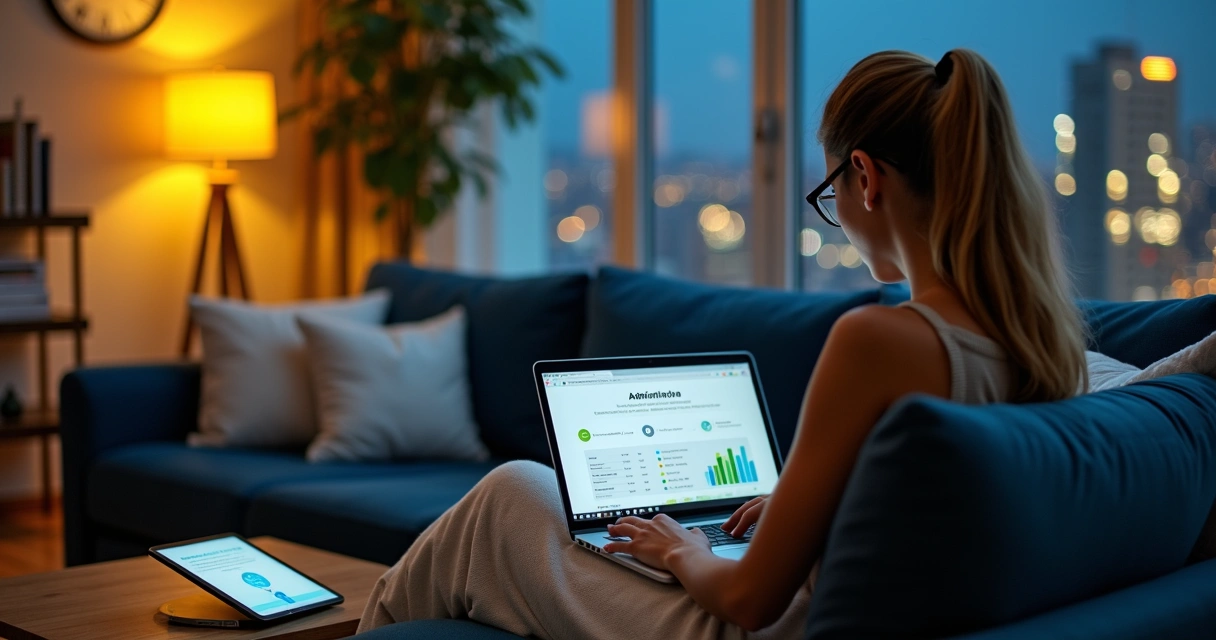Estudante adulta assistindo aula de administração online em ambiente doméstico moderno