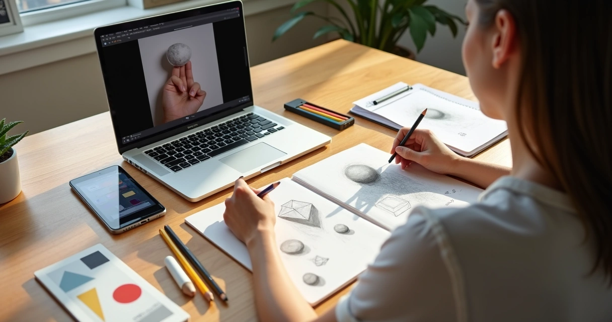 Jovem praticando desenho com tablet e caderno de esboços ao lado
