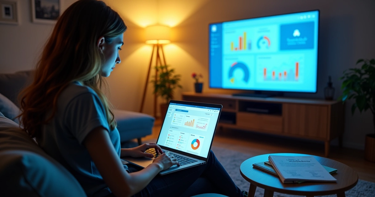 Jovem estudando marketing digital com gráficos coloridos em tela Grande