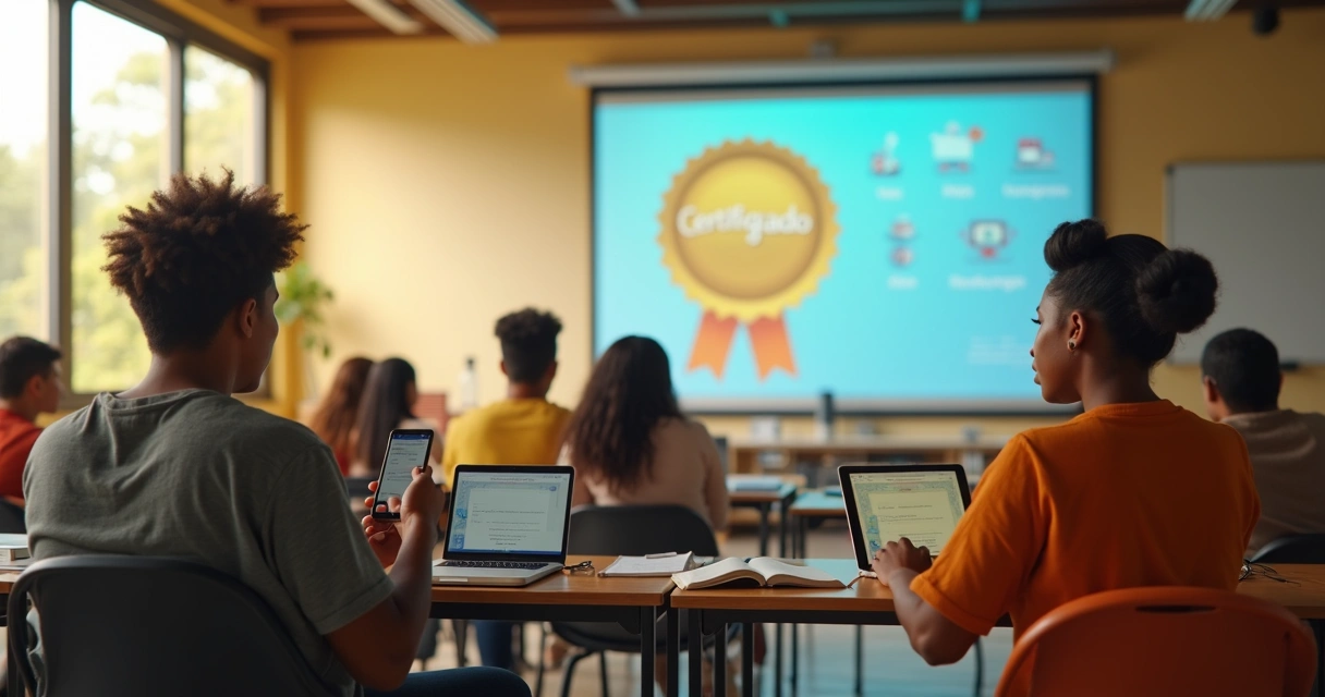 Grupo de brasileiros estudando online em espaço comunitário com certificado digital projetado na parede