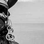 Black and white photo of climber's gear in Barra de Gramame, Brazil.