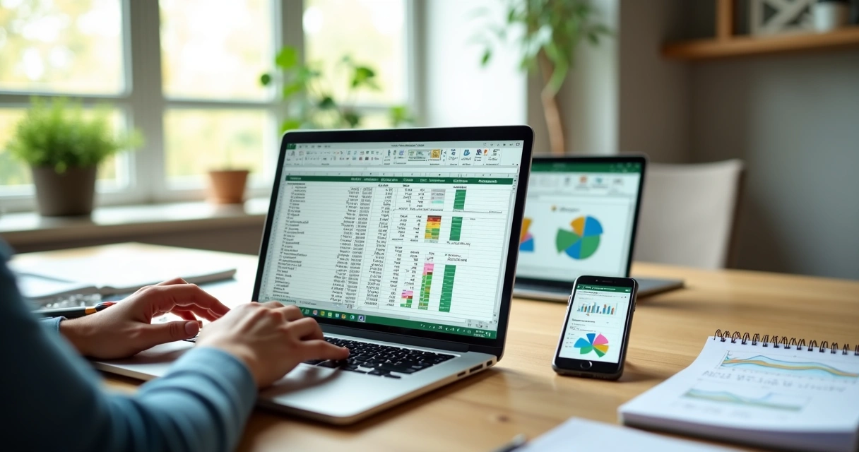 Pessoa usando planilhas e gráficos do Excel em notebook sobre mesa organizada