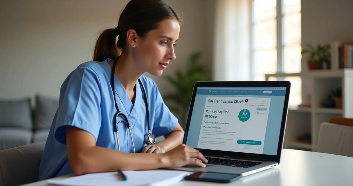 Profissional de enfermagem estudando curso online com certificado aberto no laptop