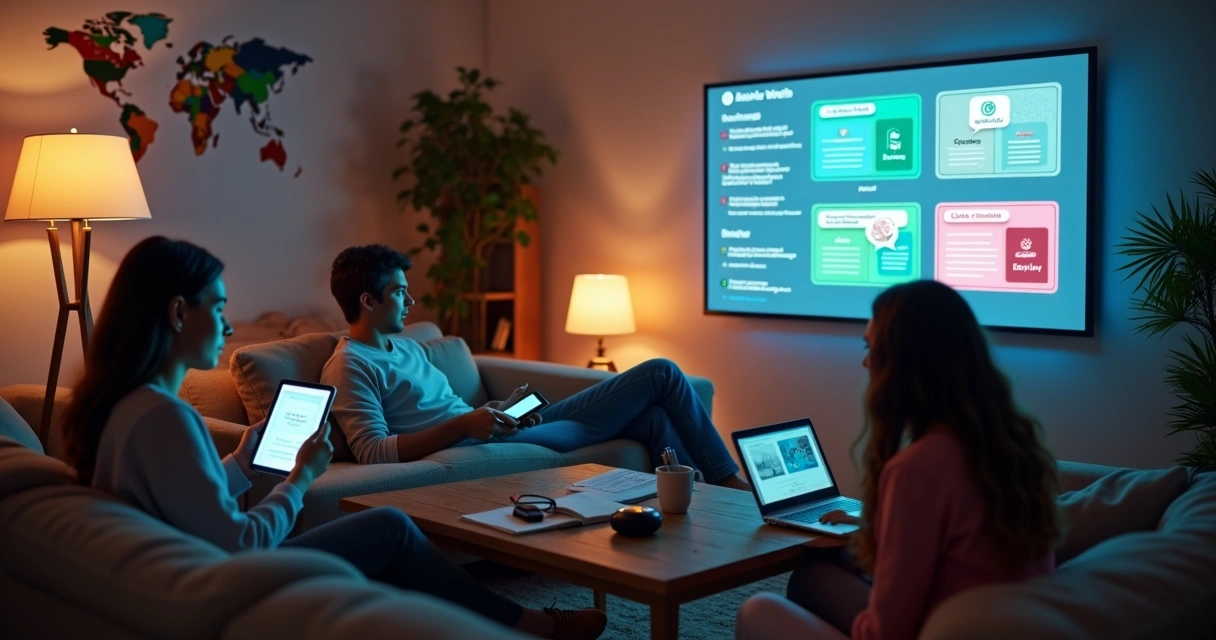Grupo diverso aprendendo online com certificados digitais em tela grande
