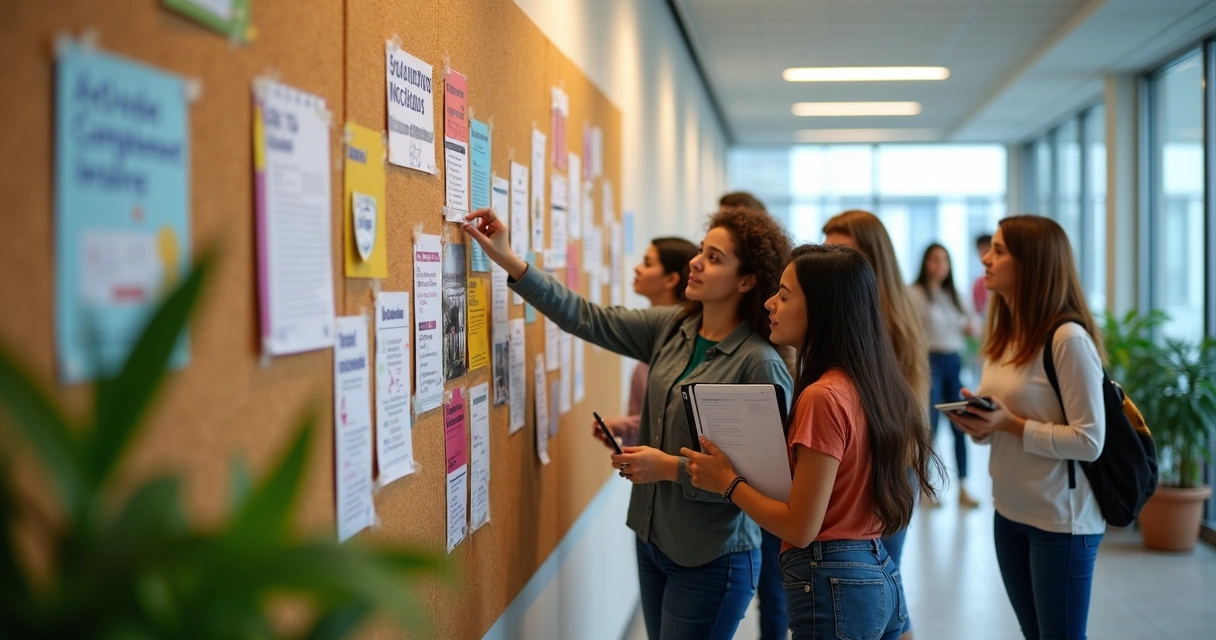 Estudantes montam mural com atividades complementares variadas em ambiente acadêmico