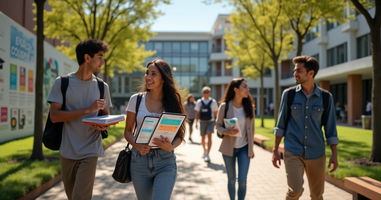 Grupo de universitários caminhando pelo campus planejando horas complementares