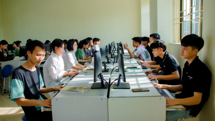 A group of students focused on computer tasks in a classroom setting, fostering teamwork.