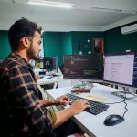 A software developer working on code at a dual monitor setup in a modern office.