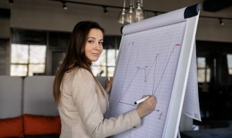 Confident woman illustrating sales growth on a flipchart in a modern office.