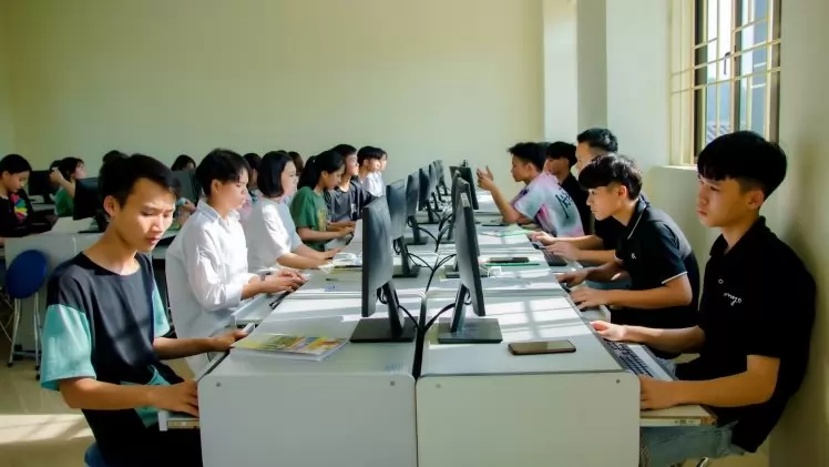 A group of students focused on computer tasks in a classroom setting, fostering teamwork.