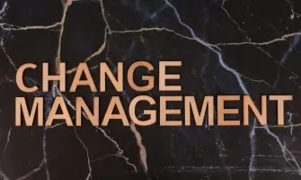 Wooden letters spelling 'Change Management' on a dark marble surface, emphasizing business change.